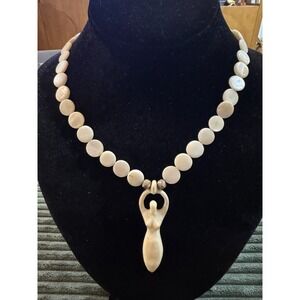 Stone Goddess Figurine Necklace Mother of Pearl Bead Boho Natural Carved Pendant